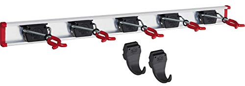 BRUNS Alu-Gerätehalter-Set, inkl. 5 Halter und 2 Haken, mit Schiene 750 mm, flexible Hakenleiste für Gartengeräte