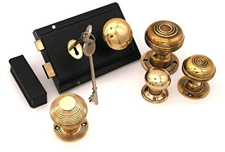 Infinity Decor Vintage Victorian Style Antique Solid Brass knob + Black Door Rim Lock Set (F) (Cottage Large 50mm)