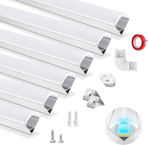 HOMMAND LED Channel, V Shape Aluminium Profile with Diffuser Strip, Corner Connectors, End Caps, Mounting Clips - 6m LED Strip Light Cover
