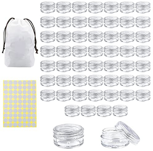 55Pcs 5 Grams Sample Containers with Lids and Labels, Small Little Mini Tiny Containers, Clear Acrylic Plastic Sample Jars for Cosmetic, Creams, Makeup, Nails, 5g/5ml Empty Round Sample Containers
