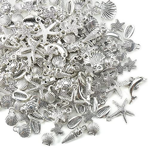 HERZWILD 200g Meer Ozean Thema Charms Legierung Seestern Schildkröte Ozean Fisch Muschel Anhänger Perlen Für Hawaii Halskette Armband Schmuckherstellung (silber-C)
