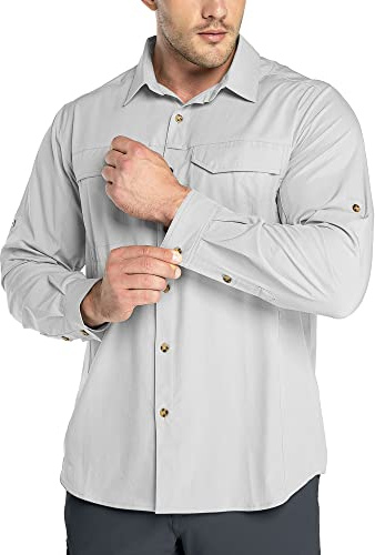 Outdoor Ventures Chemise de loisirs à manches longues pour homme - Respirant - Séchage rapide - Pour le printemps et l'été - Protection UV, gris argent, L