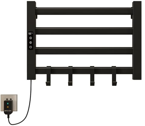 SKYLYZH Radiador de Toallas 550x350mm Toallero Eléctrico Bajo Consumo Secador de Toallas Radiador Toallero eléctrico Inteligente, IP24, Temperatura Ajustable 30 ℃-70 ℃, 1-9 Horas de Tiempo-Black Left