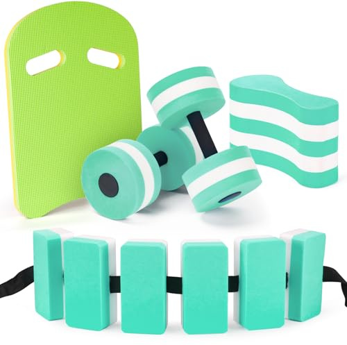 NEAGLORY 5 Pieces Water Aerobics Set Aquatic Exercise Set Pool Fitness Equipment with Foam Dumbbell, Swim Kickboard, Pull Buoy, Aquatic Swim Belt for Water Workout, Green