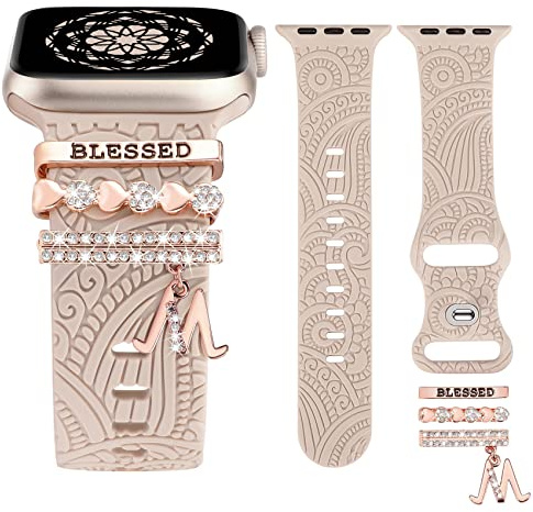 TOYOUTHS Dekorative Ring Armband kompatibel mit Apple Watch Armband Charme 42/44/45/46/49mm, Damen Glitzer Boho Gravierte Silikon Armbänder für iWatch 11 10 9 8 7 6 5 4 SE/Ultra 3 2 1, Polarstern/M