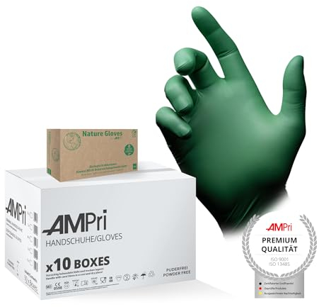 AMPri Guanti in nitrile biodegradabili, verde, 10 scatole da 100 pezzi, taglia XS, senza talco, Nature Gloves by Med-CComfort: guanti monouso in nitrile nelle taglie XS, S, M, L, XL