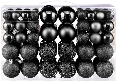 Taeku Weihnachtskugeln Set, 100 Stück Weihnachtsbaumschmuck Kunststoff matt glänzend Christbaumkugeln Christbaumschmuck Anhänger Weihnachtsdeko Ø3-6 cm (Schwarz)