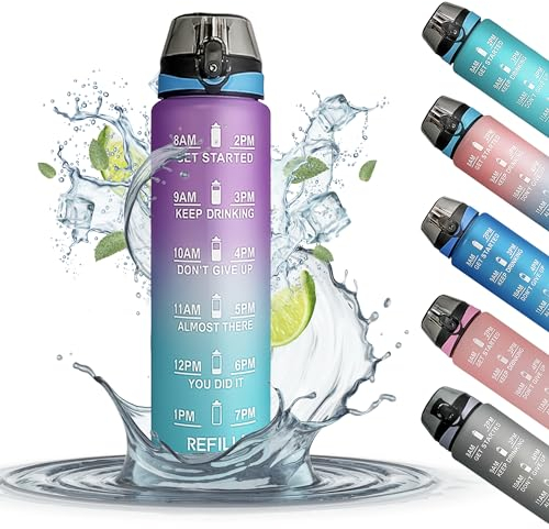 Active 100 1 Litre Water Bottle With Time Markings, BPA Free and Non-Toxic Drinks Bottle, Leakproof Sports Water Bottle 1l For Gym Bottle, Running Bottle, Cycling, School and Office