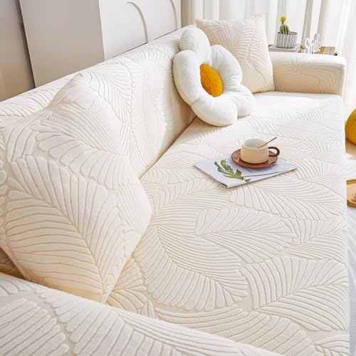 TANYAZ Sofabezug 1 2 3 4 5 Sitzer, Stretch Sofa Überzug rutschfest Sofaüberwurf Mit Armlehnen ，Verdickter Jacquard-Samt Couchbezug, Easy Fit Universal Möbelschutz (Color : Beige, Size : 3 Seater)