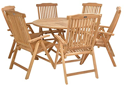 Rattanland® Gartenmöbel Set Holz, Klappbar Gartentisch mit 6 Stühlen (FSC® - zertifiziertes Teakholz) Möbelsets, Ausziehbar Gartentisch Rund, Möbel für Garten, Garden Furniture Sets