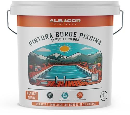 ALBACOR Pintura para Bordes de Piscinas y Piedra de Coronación - Antideslizante Especial para Renovar - Alta Resistencia (Blanco Arena, 11 KIlos)