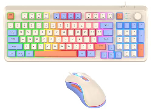 Lancoon Ensemble clavier et souris filaire 94 touches avec bouton de volume, lumière colorée, boutons latéraux réglables, DPI pour PC, ordinateur portable, tablette, ordinateur de bureau (bleu)