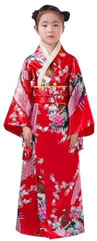 Robe Yukata Japonaise Kimono Enfant Imprimé Peignoir Long Robe Chinoise de Chambre Fille Gamins Traditionnel Classique Vêtements Soie Tissu Peignoir Mariage Fête Performance Robes (Red, 9-10 Years)