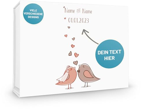 Verpackungswelt Hochzeits-Box personalisiert | 31x22x10 cm | Magnetische Geschenk-Box mit Deckel | Personalisierte Geschenk-Verpackung für Hochzeitsgeschenk | Romantisches Love Birds-Design in Weiß