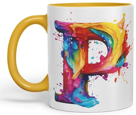 Vixar Letter P Mug, Alphabet Letter P Monogram Watercolour Ceramic Coloured Mug Cup for Tea Coffee Hot Brew 330ml 11Oz Gift (G Yellow)