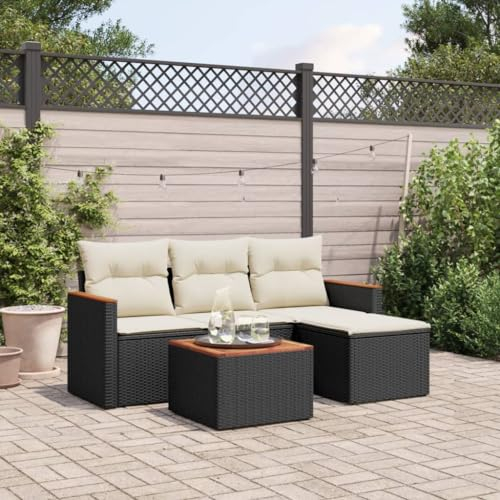 THOYTOUI 5-TLG. Garten-Sofagarnitur, Balkon Lounge Gartenlounge Set Gartengarnitur Set Terrassen möbel Set Geeignet für Veranda Garten Balkon Terrasse mit Kissen Schwarz Poly Rattan