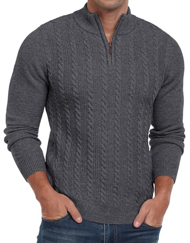 Hisir Maglione da uomo con cerniera, lavorato a maglia intrecciata, invernale, con girocollo, a maniche lunghe, maglioni casual da uomo, Grigio scuro, M