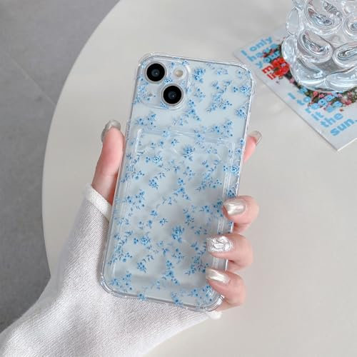 ZCDAYE Floral Clear Case for iPhone 13 with Card Holder, Elegant Cute Flower Woman Phone Case, Soft TPU Shockproof Protective Phone Cover for iPhone 13 (6.1 inches), Elegant Blue