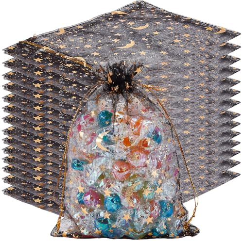 Beebeecraft 50 Stück Organza Geschenkbeutel 13x18cm Mond Und Sterne Organza Beutel Schwarzes Netz Kordelzug Geschenk Aufbewahrungsbeutel Für Weihnachten Festivals Hochzeiten Halloween Partys