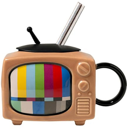 Tazza in ceramica, boccale da birra, tazze da bere, tazza con coperchio e cannuccia, capacità 450 ml, design retrò TV, materiale robusto, migliora l'estetica, facile da usare, adatto alla famiglia,