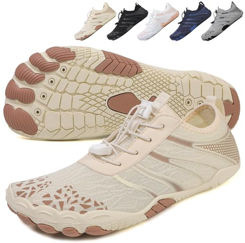Barefoot Shoes Women Quick-Dry Hiking Footwear with Wide Toe Box, Non-Slip Barefoot Shoes Unisex Rubber Sole & Mesh Upper for Trail Running, Water Sports, and Everyday Use Beige