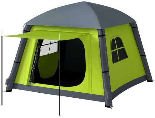 Outsunny Inflatable Camping Tent w/Hand Pump, Easy Setup 1/2 Person Blow Up Tent Waterproof 190T Taffeta w/Mesh Windows, Doors and Carry Bag, Green