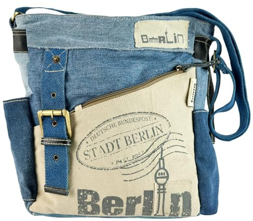 Sunsa Umhängetasche. Crossbody Bag aus recycelte Jeans & Canvas, blau beige | Große Vintage Tasche. Denim Schultertasche. Schöne Jeanstasche mit mehreren Fächern DIN A4 geeignet für Uni Freizeit & Alltag