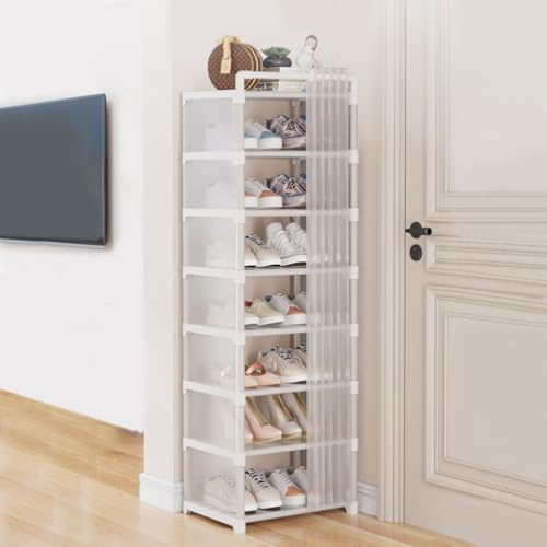 JNEYVIC Schuhregal Schmal 8 Ebenen Weiße Schuhständer Hoch Standregal Schuhe 42x30x124cm Schmaler Schuhablage Schuhturm Platzsparend Schuhschrank Hoch Shoe Rack für Wohnzimmer Flur Ecke Eingang