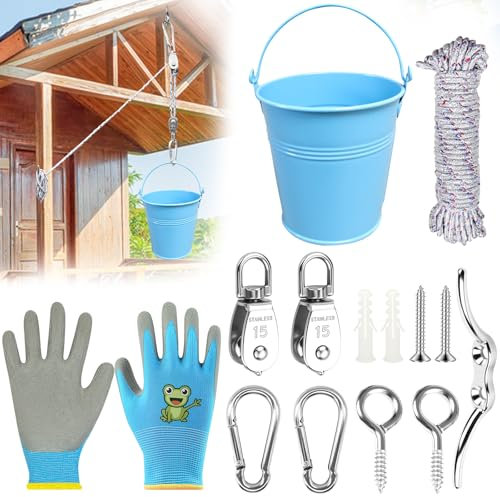 NlsqEU Flaschenzug Kinder,14 Stück Flaschenzug mit Metalleimer,Baumhaus Zubehör,Zubehör Riemenscheibensystem Spielturm Zubehör Gartenspielzeug für Kinder ab 3 Jahren (Blau)