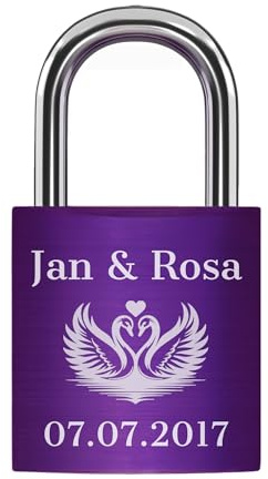 Liebesschloss mit Gravur + 2 Schlüssel - Violett - frei gestaltbares einzigartiges Liebes Schloss, personalisierbar mit vielen Motiven/Farben/Schriften - Jahrestag-Geschenk für Paare Partner