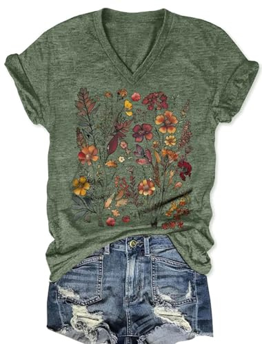 Women's V-Neck Vintage Flowers Shirts Casual Boho Floral Printed T-Shirt Wildflowers Graphic Tees Summer Tops Clothes (Green, XL)