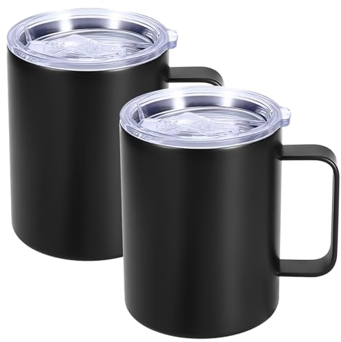 Uppsättning av 2 termosmuggar i rostfritt stål 350 ml: Dubbelväggade isolerade kaffekoppar med handtag, kaffemuggar BPA-fria, okrossbara, campingmuggset för camping, utomhus, kontor och resor (svart)