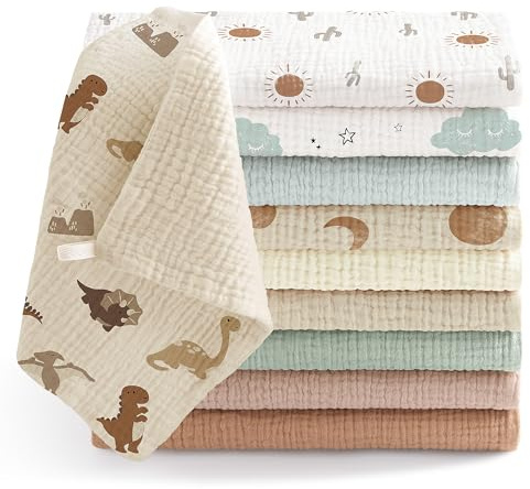 Bearmoss10 Stück Baby Musselin Waschlappen Moltontücher 100% Baumwolle Weiche Spucktücher Baby,Atmungsaktiv und Extrem Saugfähig Musselin Tuch für Saugstark Mulltücher 25 x25cm(BraunGrün)