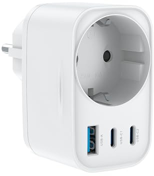 GuMosh Ladrón Enchufe con USB-C 30W, Tomada 4-en-1 con 1 Puerto USB-A, 2 Tipo C, Toma Schuko 3680W, Adaptador Enchufe USB Pared Multiusos para Oficina, Hogar o Viajes, Blanco