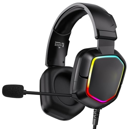 Jectse RGB Gaming Headset, 3.5mm PC Game Headset with Omni Directional Noise Cancelling Mic, Over Ear Game Headphones with Volume Control for Phone Laptop Desktop PC (Black)