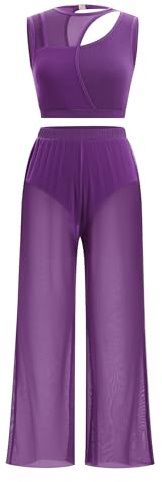 FYMNSI Costume de danse lyrique moderne pour femme - Vêtement de danse classique - Sans manches - Ventre nu - Pantalon large