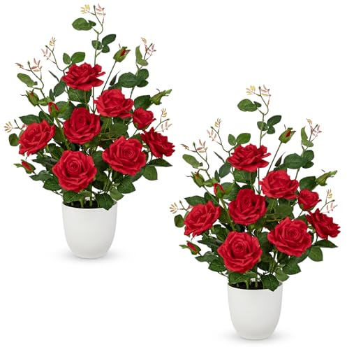 Briful Künstliche Rose im Topf – 2er Set Realistische Rote Kunstrosen Blumen für Innen, Künstliche Topfpflanze 60 cm Große Kunstpflanze Dekoration für Wohnzimmer, Büro & Hotel