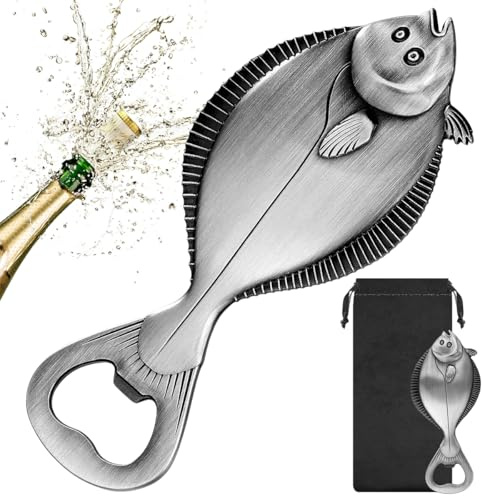 LKKCHER Plaice Bottle Opener, Fishing Gifts for Fisherman, Birthday Fathers Day Christmas Gifts for Men Dad Grandpa Fisherman, Silver Bar Accessory with Bag