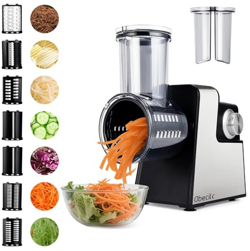 Upgraded 300W Electric Cheese Grater for Block Cheese with 7 Stainless Steel Blades for Slicing, Shredding, Grinding Vegetables, Fruits & Nuts, One-Touch Control
