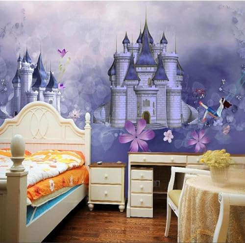 Château Éthéré Et Onirique Avec Des Fleurs Violettes Papier Peint 3D Installation Facile Intissé Tapisserie Bureau Salon Canapé Chambre Décoration Murale-430cm×300cm