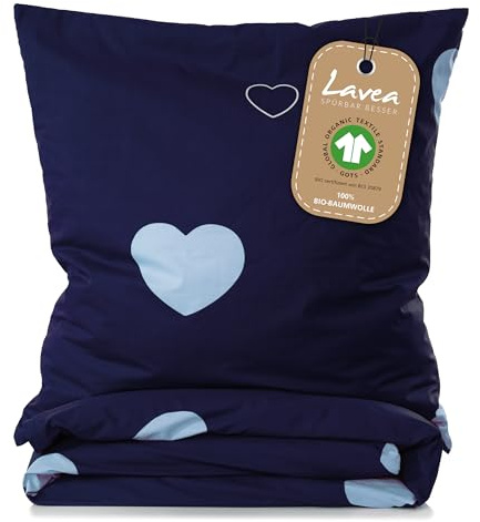 Lavea® Bettwäsche Kinder Set 100x135 cm und 40x60 cm - Blau Hellblau | Kinderbettwäsche 100% Bio-Baumwolle mit Herzmotiv, weiche und atmungsaktive Bettwäsche mit Reißverschluss, verschiedene