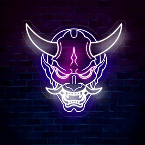 Oni Mask Neon Sign, Dimmable Japanese Hannya Demon LED Neon Lights for Wall Decor, Custom Samurai Wall Art Light Up Sign for Game Room Bedroom Tattoo Studio Man Cave, USB Powered Gift