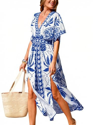 CUPSHE Women's Plunging V Neck Beach Dress Boho Half Dolman Sleeve Empired Waist Side Split Maxi Summer Dresses Blue WHI, L