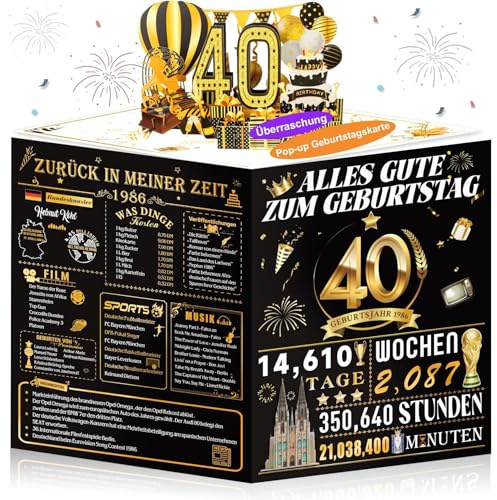 OLOSONG Geburtstagskarte 40 | 3D Pop Up Karte Geschenke Zum 40 Geburtstag für Mann Frau, Back in 1986 Lustige Deko 40. Geburtstag Für Mama Papa Ehemann Ehefrau Freunde Ihn und Sie, Mit Umschlag