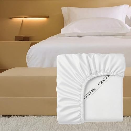 VOUCLER – Sabana Bajera 135 x 190cm Ajustable 100% Algodón Satén Blanca – 300 Hilos Tacto Sedoso y Brillo Sutil | Certificado Oeko-Tex® Fibras Largas Medida: 135x200x30 cm