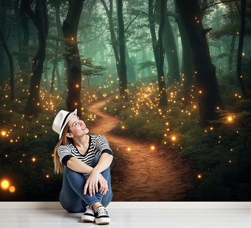 ANALTIRCE Carta Da Parati Fotografica Sogno Strada 3D Effetto Lucciole Foresta Design Carta Tessuto Non Tessuto TNT Giallo XXL Fotomurale per Soggiorno Camera Letto Studio Decorazione, 400×280cm