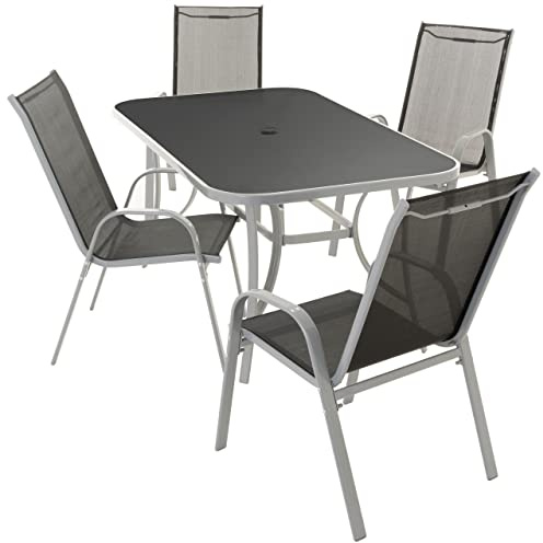 Nexos Trading 5-teiliges Gartenmöbel-Set – Gartengarnitur Sitzgruppe Sitzgarnitur aus Stapelstühlen & Esstisch – Aluminium Kunststoff Glas – schwarz grau