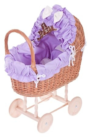e-wicker24 Alles aus Weide Puppenwagen aus Weide mit Bettwäsche perfekte Geschenkidee Korbpuppenwagen schöner Spielzeug aus Korbgeflecht Korbwagen für Puppen Spielzeug für Mädchen (Viollet)