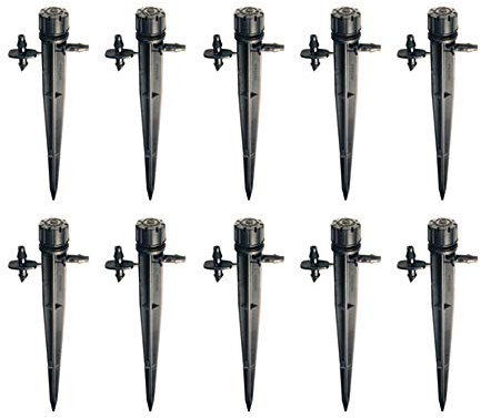 Gotero regulable con estaca. Incluye enlace de microtubo en la piqueta para la conexión al sistema de riego. Gotero de caudal regulable 0 a 50 litros por hora. Riego por goteo. 10 goteros