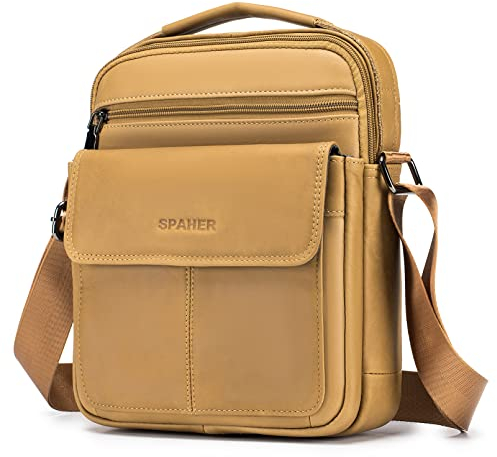 SPAHER Umhängetasche Leder Herren Herrentasche Schultertasche Echtes Leder Handgelenktasche Herren Schultertasche Crossbody Bag Messenger Bags Geschenk für Männer